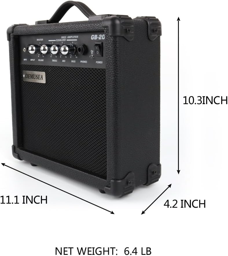 demusea 20W Watt Electric Bass Guitar Black Amplifier Portable Travel Mini Practic Amp Headphone Jack Aux Treble Middle Bass Mp3 with Cable Adapter Guitar Picks in - Image 3